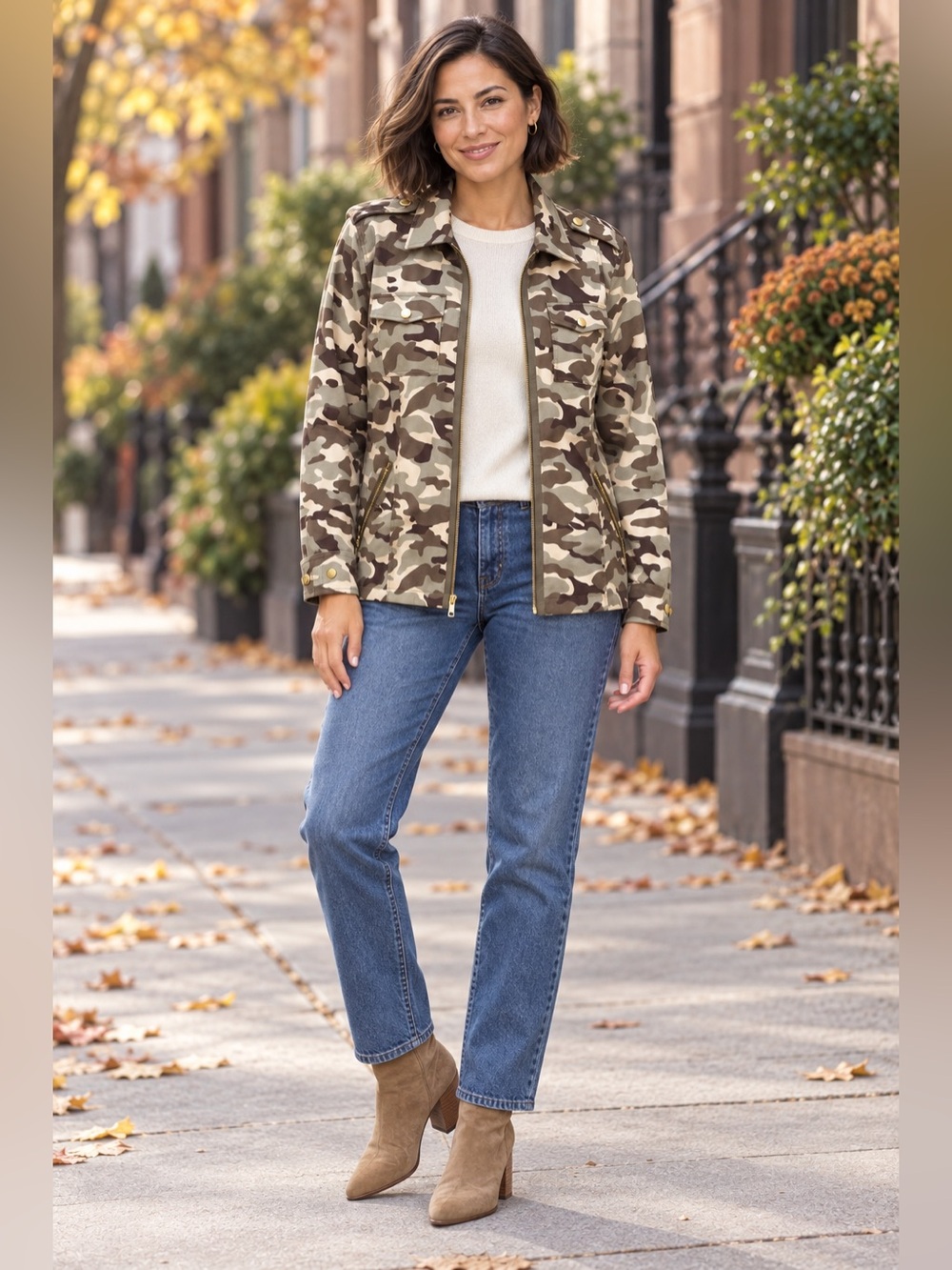 Belle by Kim Gravel Camo Utility Jacket Medium Gold Zip Stretch Cotton NWOT